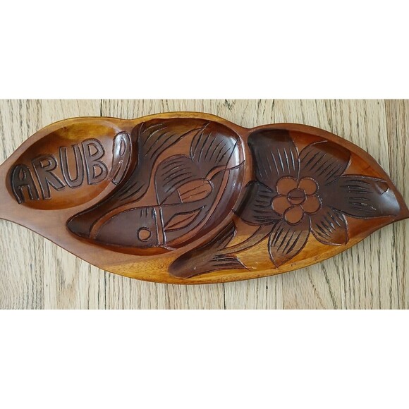 Carved Wooden Inlaid Flowers Aruba Leaf Shaped Dip Serving Tray Platter Dish - Picture 2 of 8
